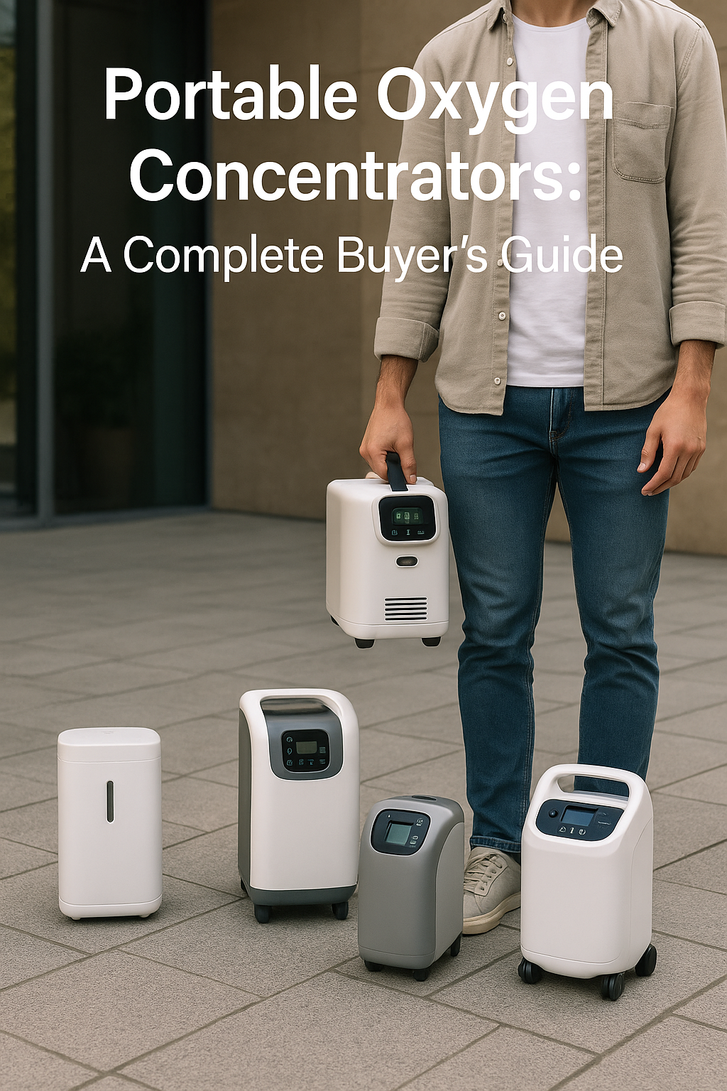 Man holding a portable oxygen concentrator with various models displayed for mobility and comfort guide