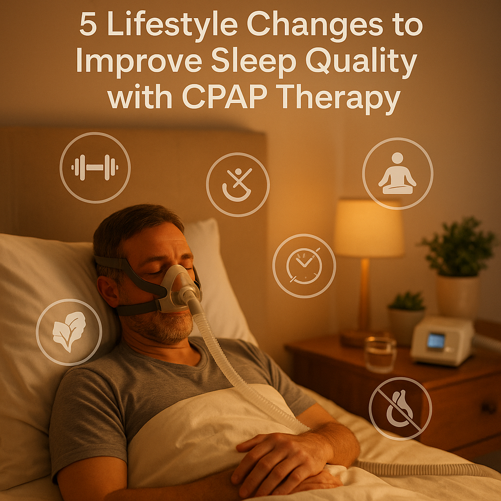 Man sleeping comfortably with CPAP machine using 5 lifestyle changes to improve sleep quality and therapy success
