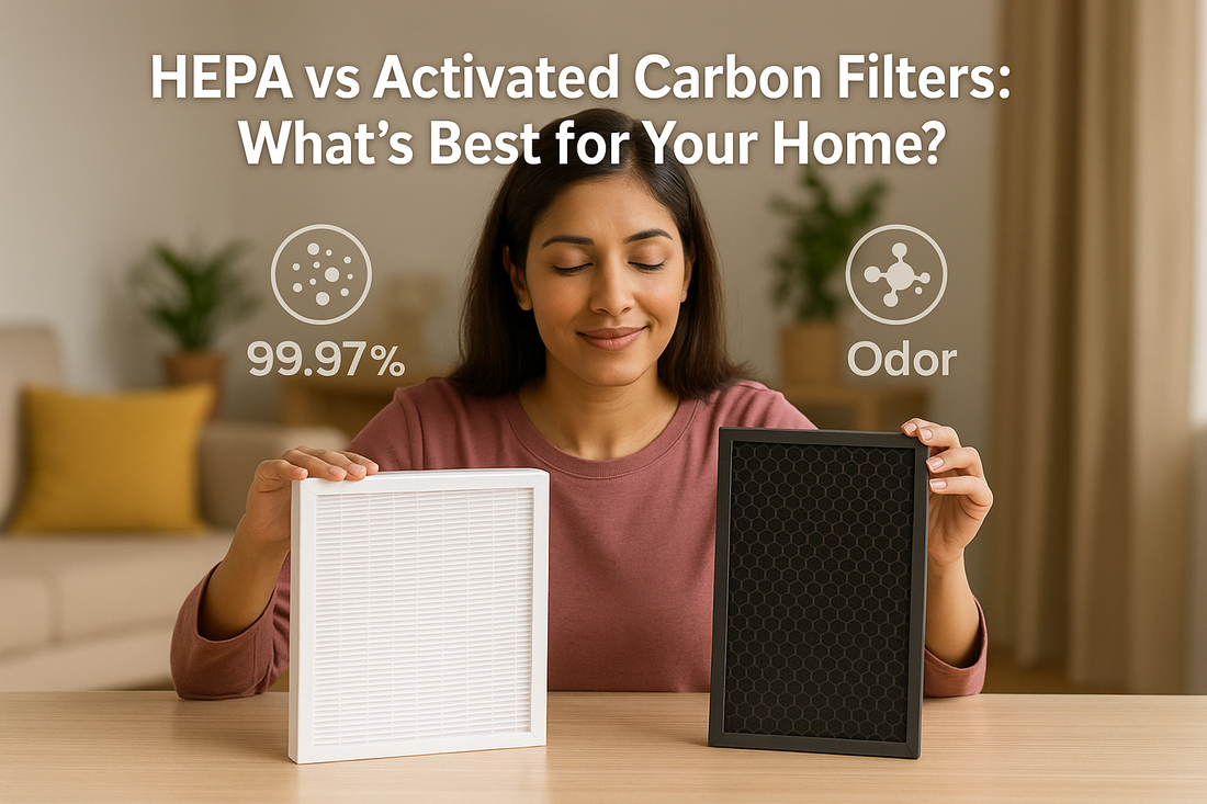 Woman comparing a hepa filter and an activated carbon filter for home air purification