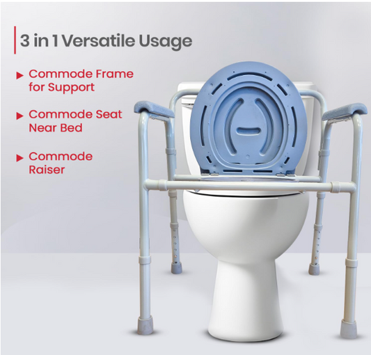 AGEasy Commode Chair showing 3 in 1 versatile usage as commode frame support seat near bed and raiser