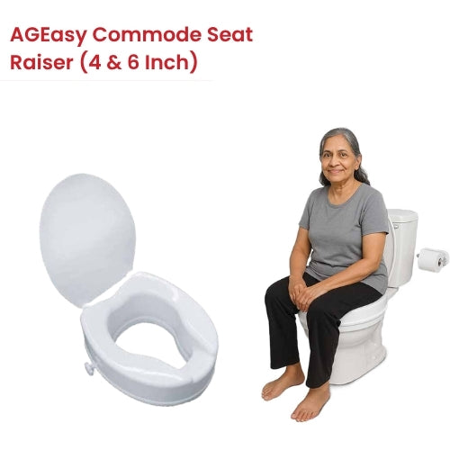 AGEasy Commode Seat Raiser in white shown open and on toilet with elderly woman sitting