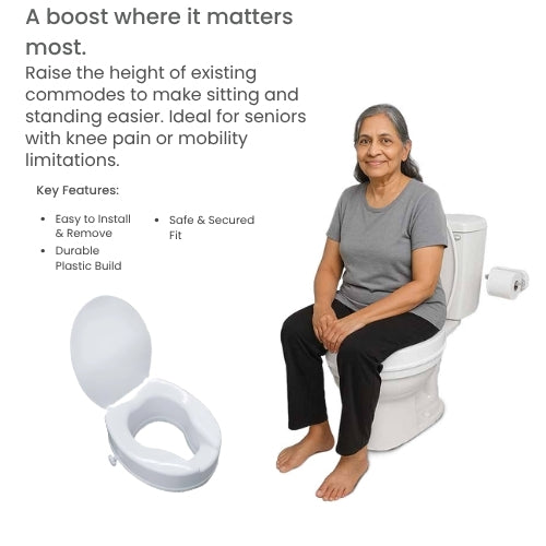 AGEasy Commode Seat Raiser on toilet with senior woman sitting to ease mobility and knee pain