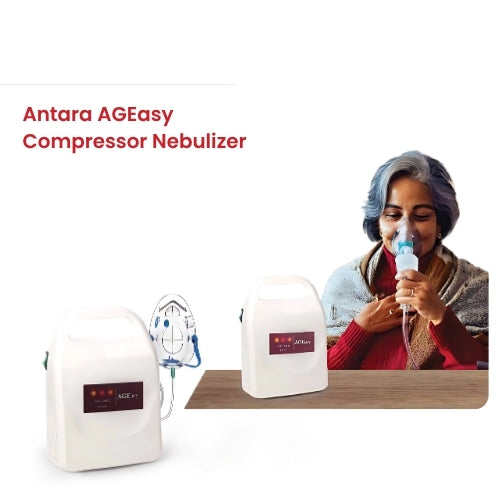 AGEasy Compressor Nebulizer with mask used by elderly woman for respiratory treatment
