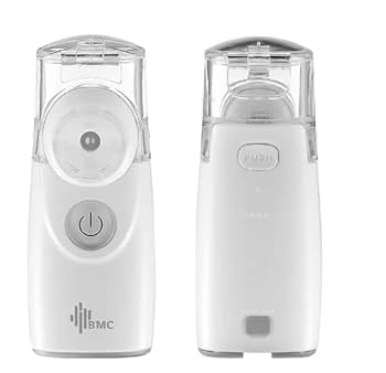 Compact white Mesh Nebulizer by Book Your MediDevice shown from front and back views