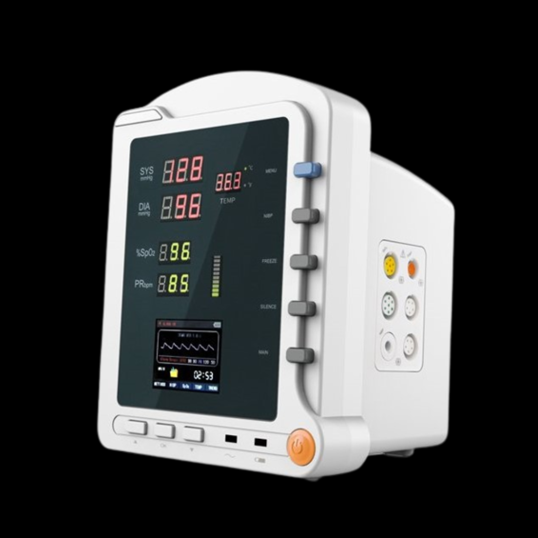 Contec CMS 5100 patient monitor showing vital signs with digital display and multiple control buttons