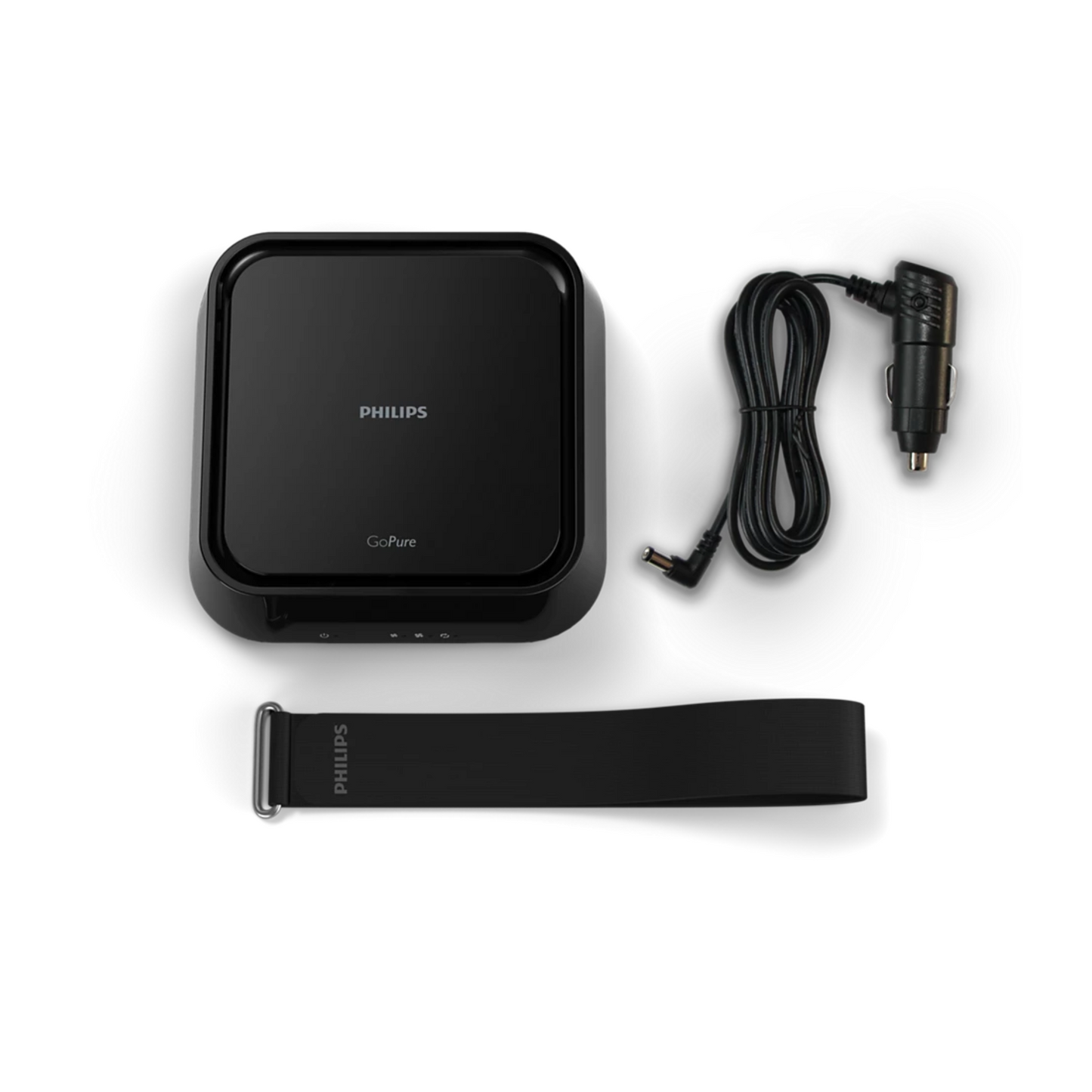 Philips Car Air Purifier 5211 in black with power cable and mounting strap for vehicle use