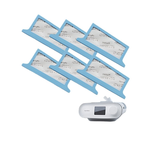 Set of six blue DreamStation Pollen Filter replacements with a white CPAP machine