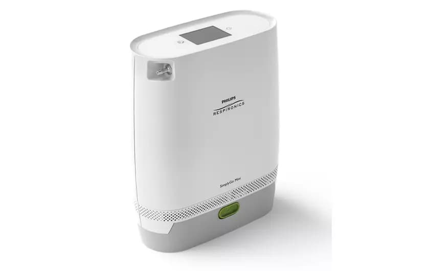 Philips SimplyGo Mini Portable Oxygen Concentrator in white with digital display and compact design