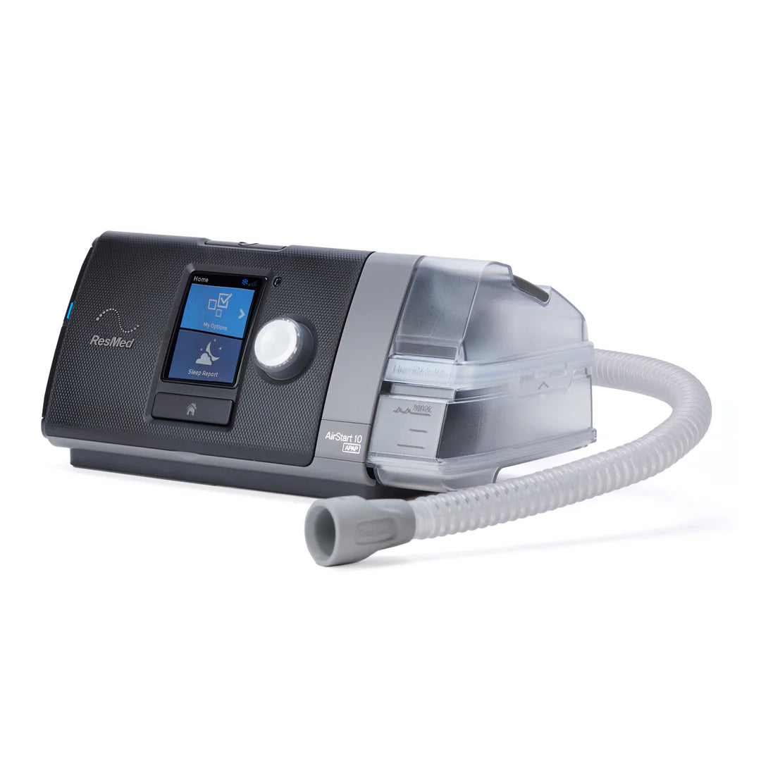 ResMed AirStart 10 CPAP machine with humidifier and flexible hose for sleep apnea therapy