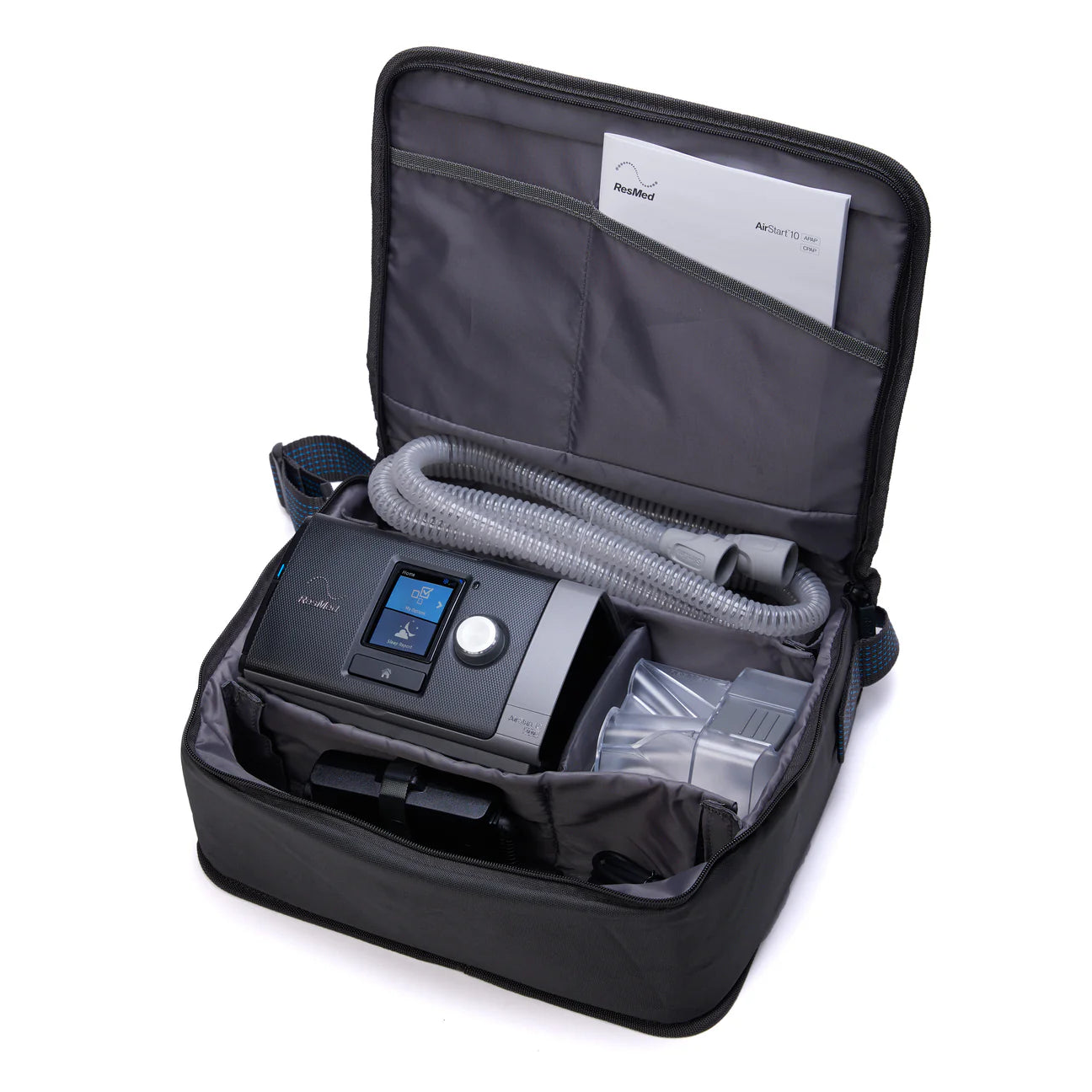 ResMed AirStart 10 CPAP machine with hose and accessories packed in black travel carrying case