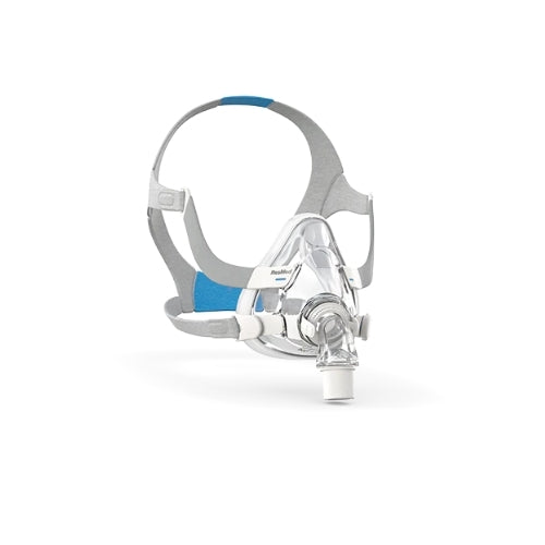 Clear Resmed F20 mask with gray and blue adjustable headgear for comfortable CPAP therapy