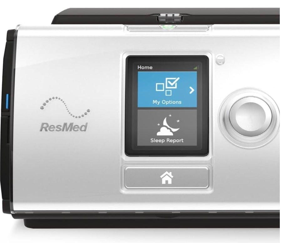 Resmed Lumis 150 VPAP ST BiPAP Machine front display showing home menu and sleep report options