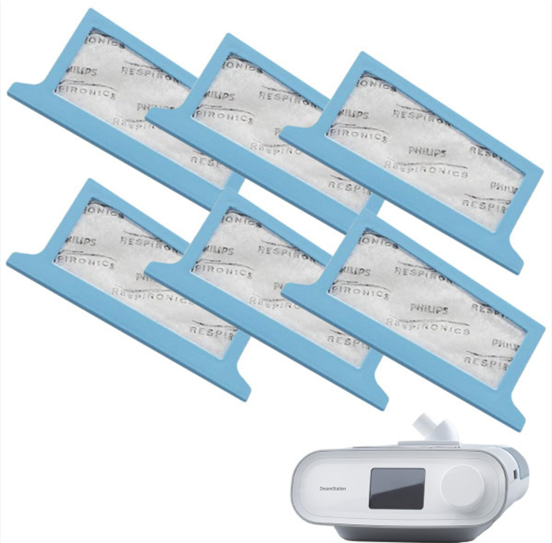 Philips Respironics Ultra Fine Filters for Dreamstation with six blue frame filters and a Dreamstation device