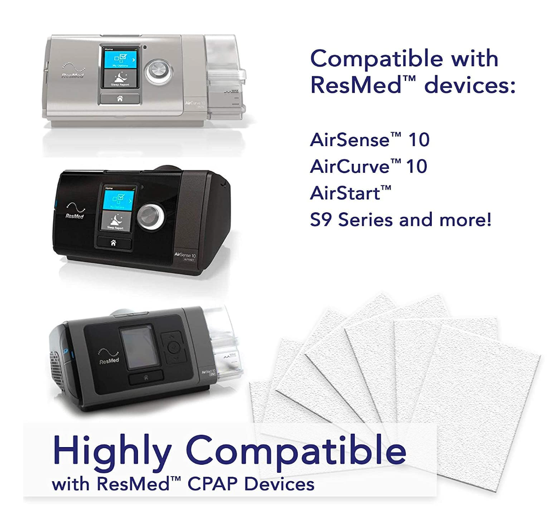 Sunset Filters For ResMedS9 and Airsense10 showing compatibility with ResMed AirSense 10 AirCurve 10 AirStart S9 CPAP devices