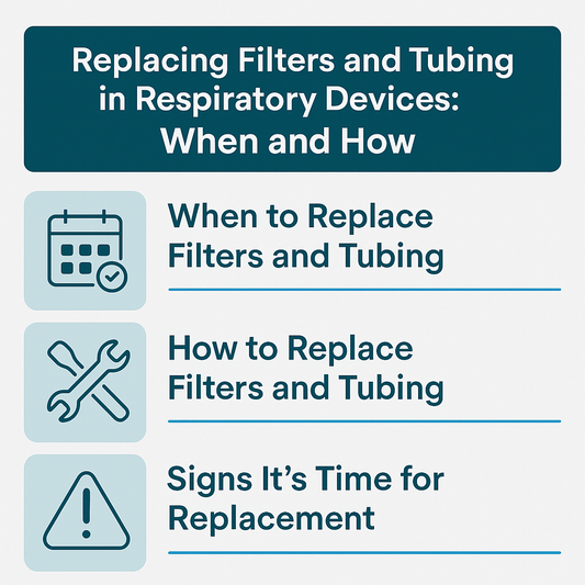 Guide on replacing filters and tubing in respiratory devices including when and how to replace filters