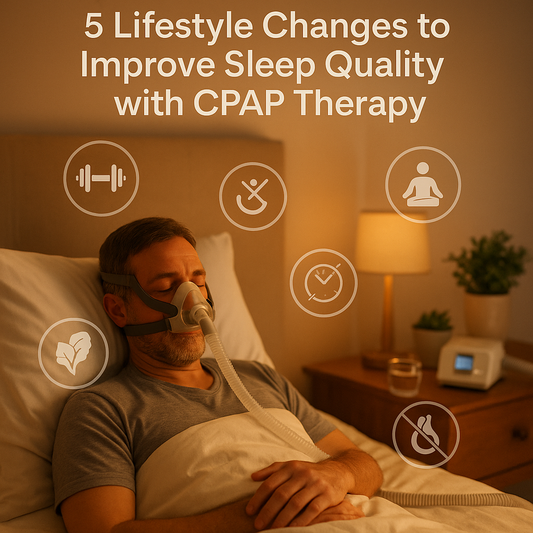 Man sleeping comfortably with CPAP machine using 5 lifestyle changes to improve sleep quality and therapy success