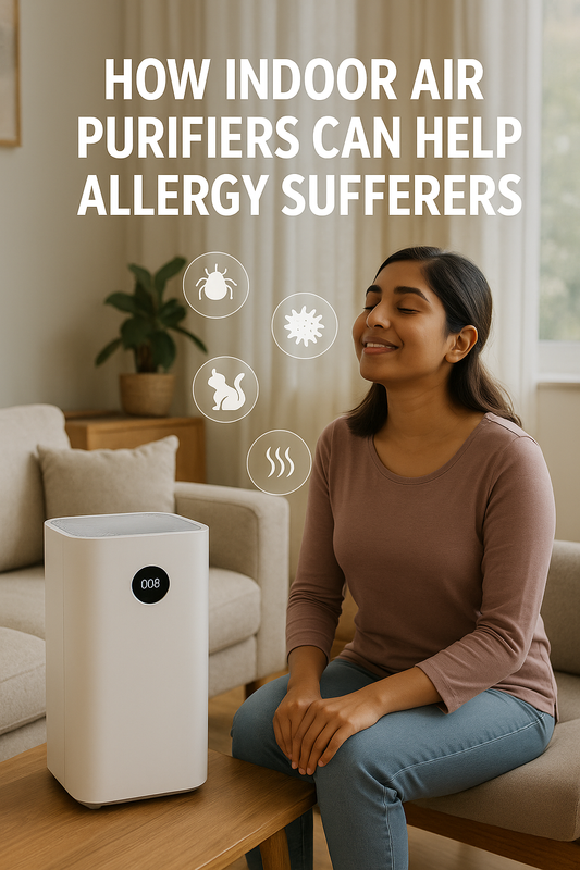 Woman sitting near an air purifier demonstrating how air purifier helps allergy sufferers indoors