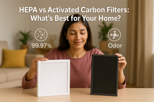 Woman comparing a hepa filter and an activated carbon filter for home air purification