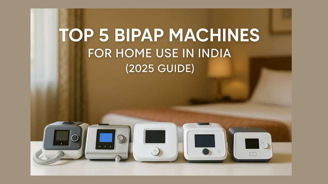 Top 5 BiPAP Machines for home use in India displayed on a table in a bedroom setting
