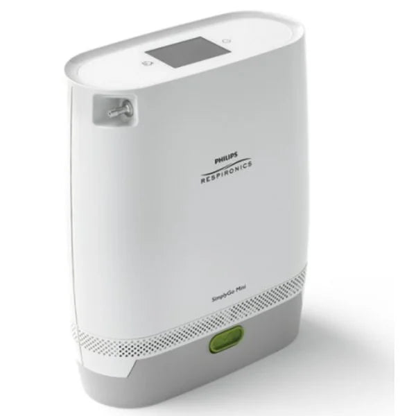 White Philips Respironics portable oxygen concentrator with digital display and compact design