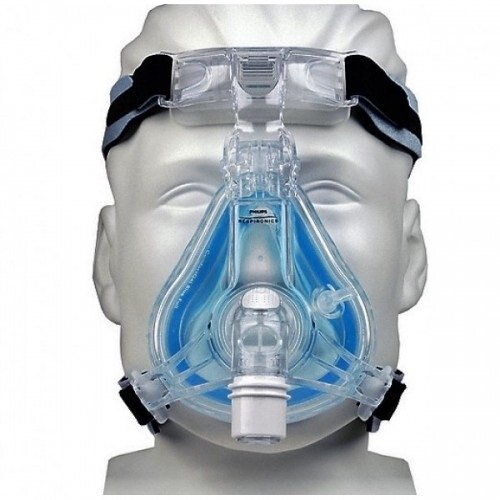 Clear CPAP full face masks with blue cushions and black adjustable headgear for sleep apnea therapy