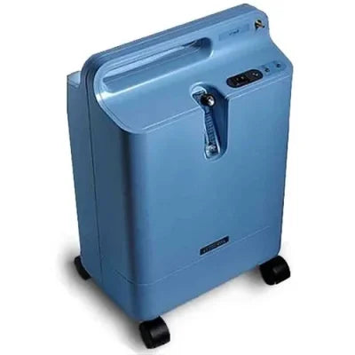 Blue portable oxygen concentrator device with digital controls and wheels for easy mobility