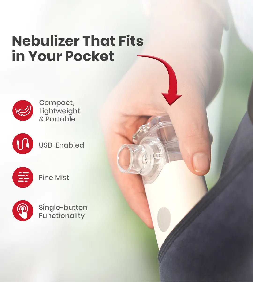 AGEasy Portable Mesh Nebulizer being placed in a pocket showing its compact and lightweight design