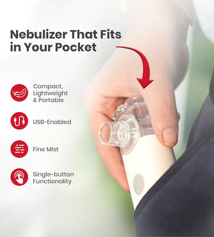 AGEasy Portable Mesh Nebulizer being placed in a pocket showing its compact and lightweight design