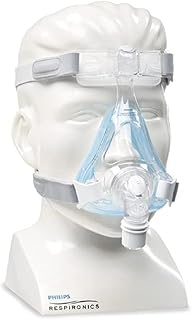 Amara Silicone Full Face mask displayed on a mannequin head with adjustable headgear straps