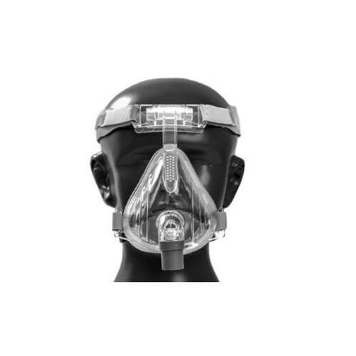Clear BMC F2 Full Face Mask with adjustable straps displayed on a black mannequin head