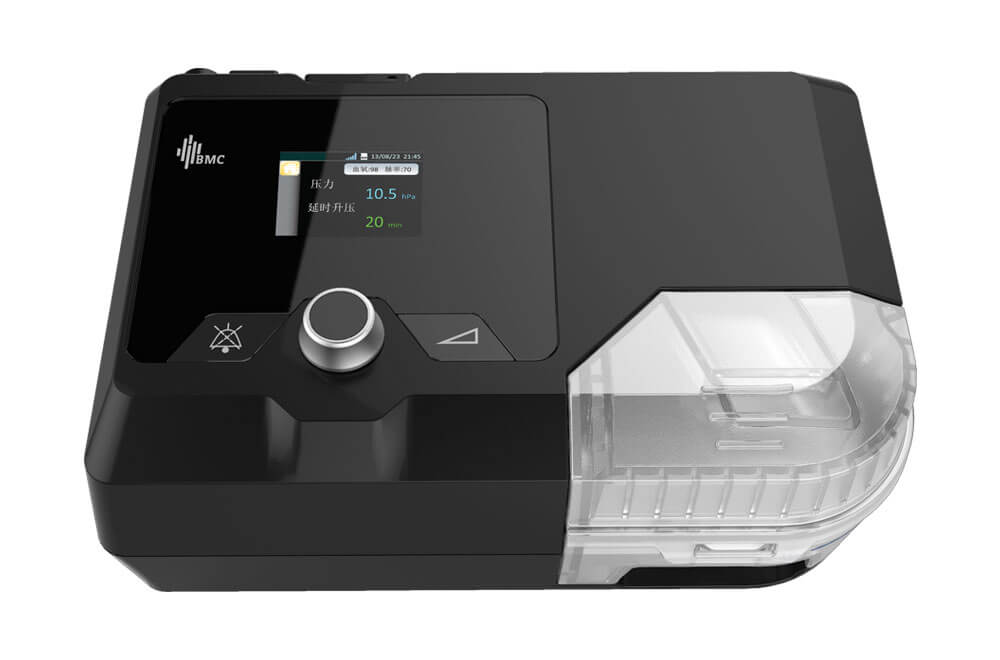 BMC G2S CPAP machine featuring a clear water chamber and screen displaying pressure settings G2S Auto CPAP system
