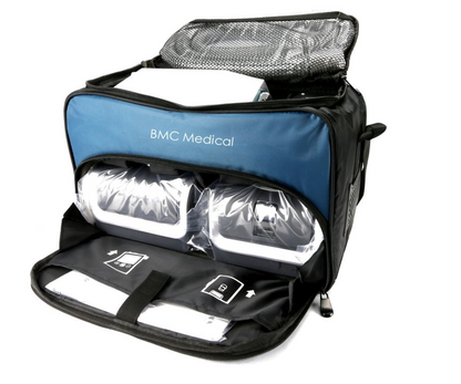 BMC GII Auto CPAP Machine inside blue and black BMC Medical carrying case with clear plastic covers