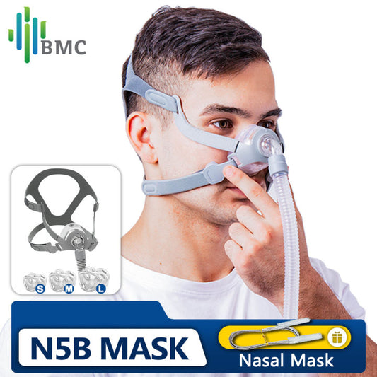 Man wearing BMC N5B Nasal Mask with adjustable straps and silicone cushion for comfortable fit