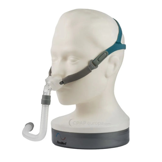 BMC P2 NASAL PILLOW MASK displayed on a mannequin head with adjustable straps and clear nasal pillows