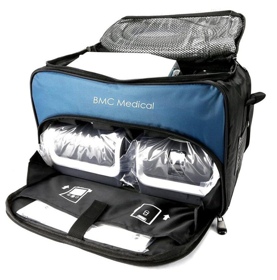 BMC RESMART GII Y25T BiPAP machine in blue and black carrying case with visible device inside