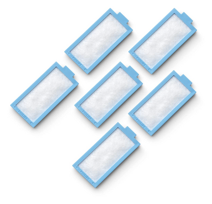 Six blue and white DreamStation Disposable UltraFine Filters arranged on a white background