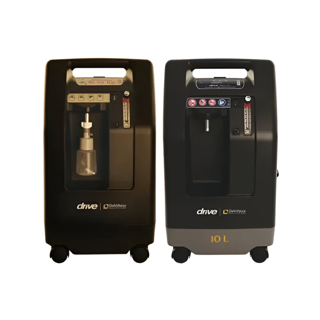 Two black Devilbiss Compact 1025-10L Oxygen Concentrator units side by side with control panels and wheels