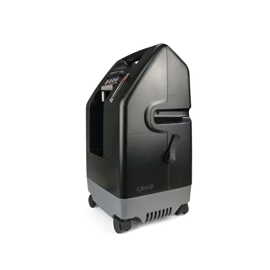 Black and gray Devilbiss Compact 1025-10L Oxygen Concentrator with wheels for portable oxygen therapy