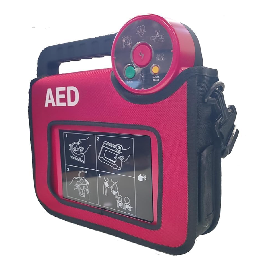 Nanoom HeartPlus NT-180 AED automated external defibrillator in red carrying case with handle and clear instructions