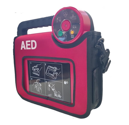 Nanoom HeartPlus NT-180 AED automated external defibrillator in red carrying case with handle and clear instructions