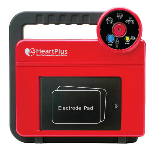 Nanoom HeartPlus NT-180 AED automated external defibrillator in red with electrode pad compartment and control panel