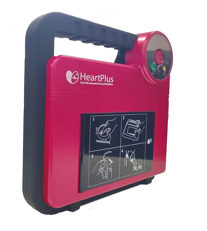 Nanoom HeartPlus NT-180 AED automated external defibrillator in red with black handle and instructions