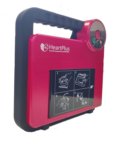 Nanoom HeartPlus NT-180 AED automated external defibrillator in red with black handle and instructions