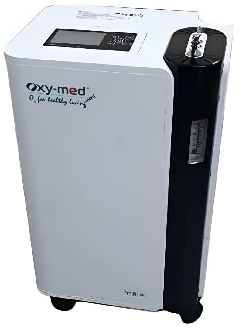 Oxymed Mini 5 LPM Home Oxygen Concentrator in white and black with digital display and flow meter