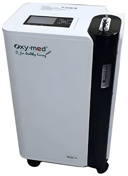 Oxymed Mini 5 LPM Home Oxygen Concentrator in white and black with digital display and flow meter
