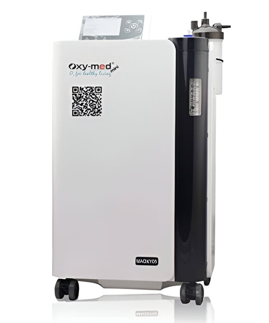 Oxymed Mini 5 LPM Home Oxygen Concentrator white and black portable medical device on wheels