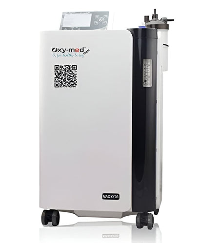 Oxymed Mini 5 LPM Home Oxygen Concentrator white and black portable medical device on wheels