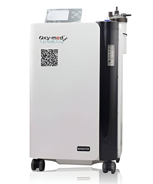 Oxymed Mini 5 LPM Home Oxygen Concentrator white and black portable medical device on wheels