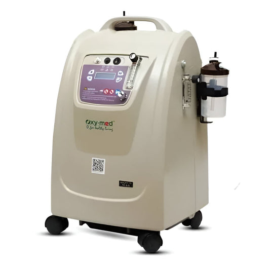 Oxymed Oxygen Concentrator 10 Liter Dual flow beige medical device with digital display and wheels