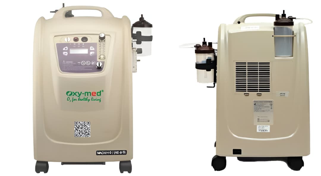 Oxymed Oxygen Concentrator 10 Liter Dual flow beige medical device with control panel and humidifier bottles